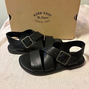 Kork-Ease Black Leather Cross-Strap Sandals